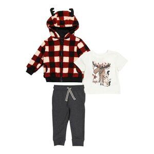 Infant Boys 3pc Reindeer Plaid Sherpa hoodie Jacket & Joggers Set Red/Black 24M